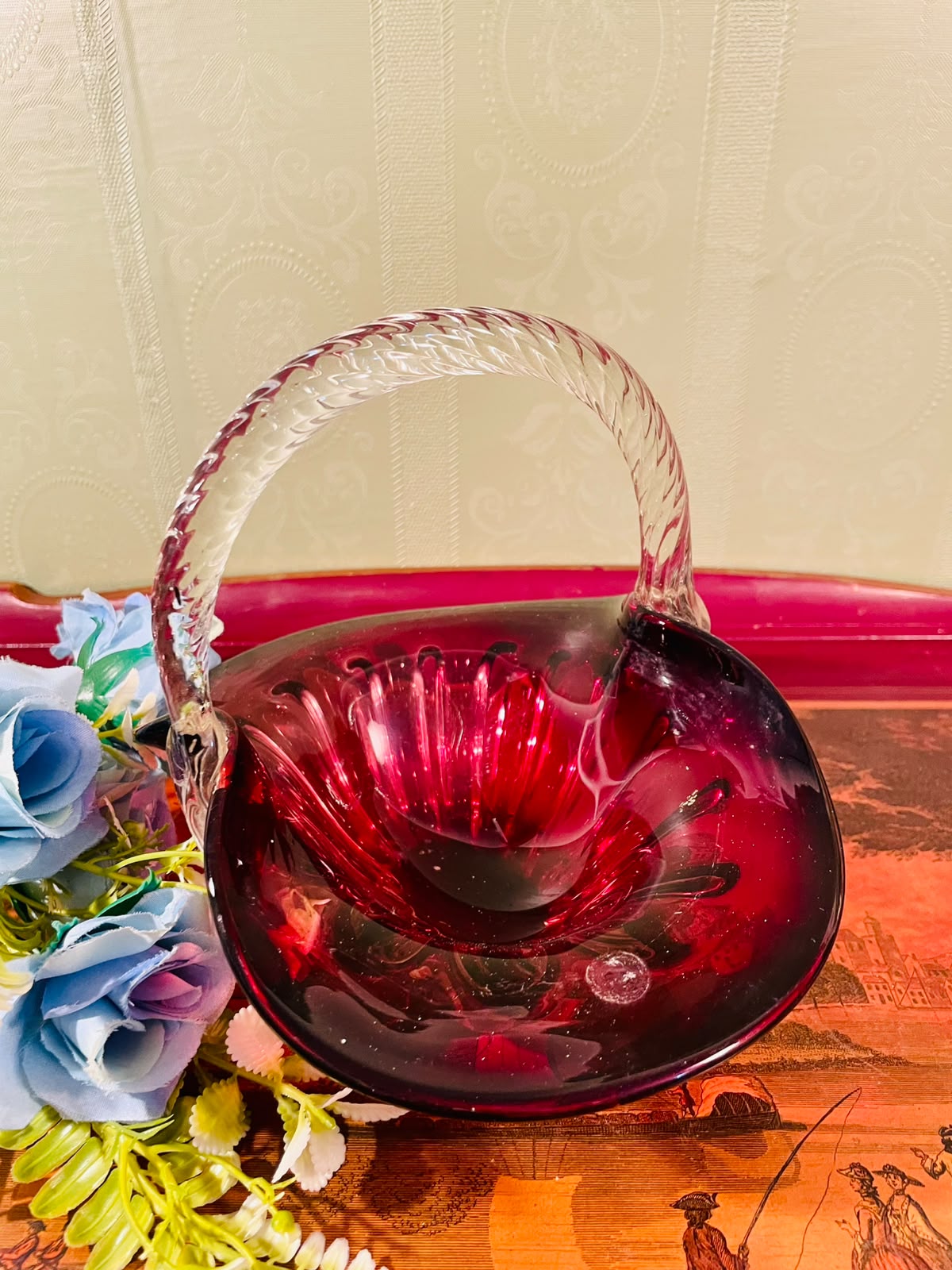 Ruby Red Crystal Basket with Clear Handle – 8 Inch