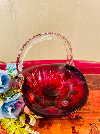 Ruby Red Crystal Basket with Clear Handle – 8 Inch