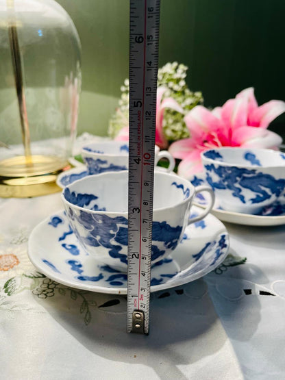 Vintage Coalport Blue Dragon Tea Cups & Saucers Set of 3 England