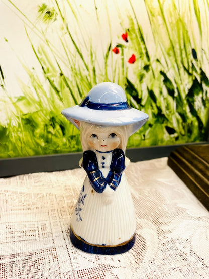 Vintage Blue & White Porcelain Lady Figurine Bell