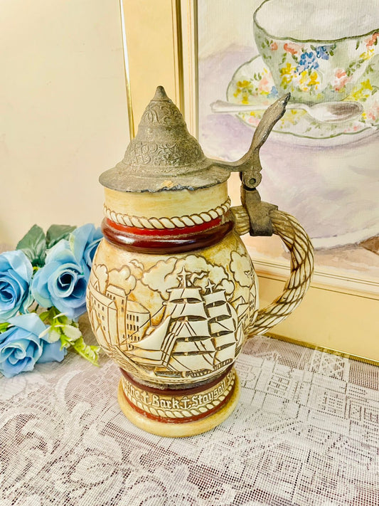 Vintage German Lidded Beer Stein – Nautical Ship Design