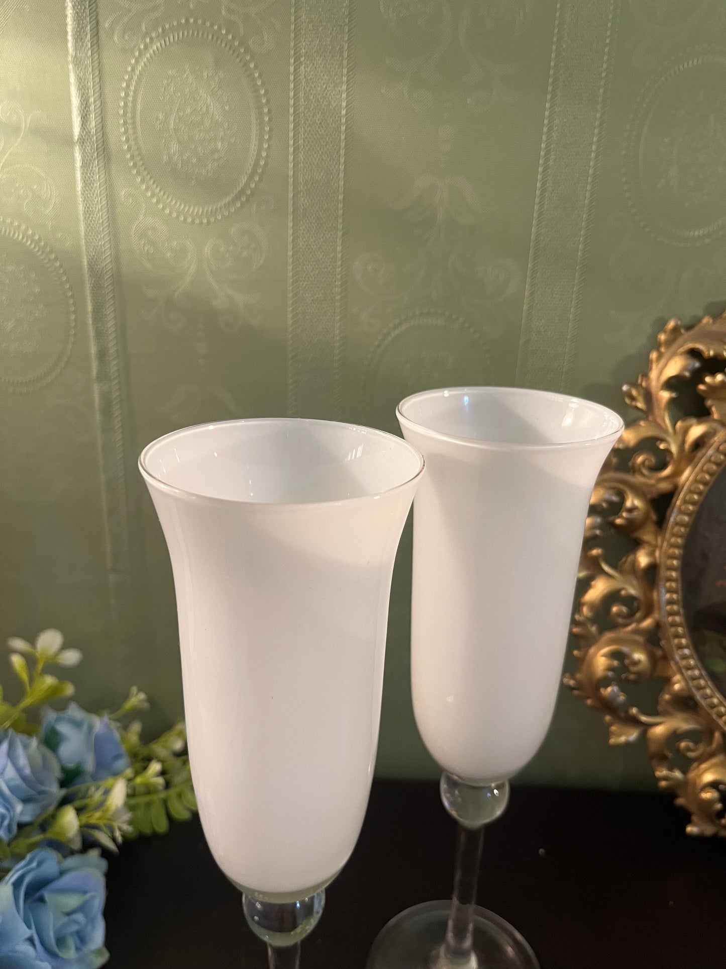 Set of 2 Frosted Glass Candle Holders / Tall White Stemmed Candle Stands
