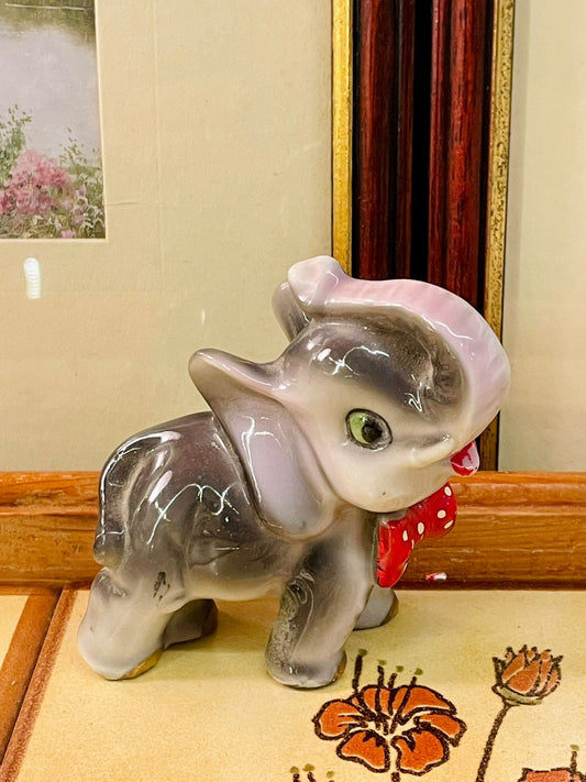 Ceramic Elephant, Elephant Figurine, Vintage Figurine, Animal Decor, Cute Home Decor, Nursery Decor, Collectible Elephant, Shelf Decor, Glazed Ceramic, Grey Elephant, Red Bow Figurine, Vintage Collectible