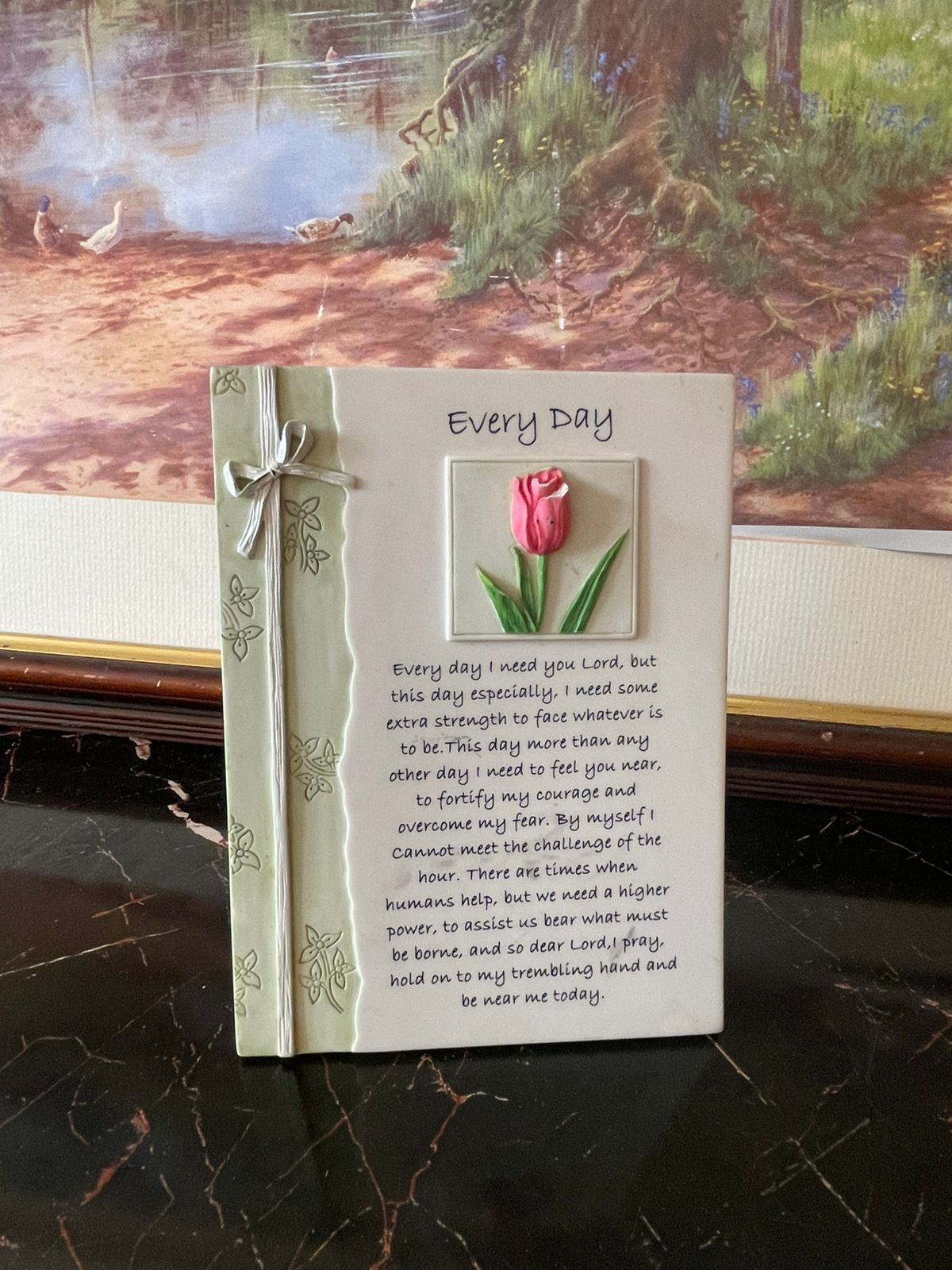 ceramic prayer frame, white ceramic tulip frame, everyday prayer to God plaque, inspirational ceramic décor, spiritual home décor Pakistan, tulip flower print wall frame, vintage ceramic prayer plaque England, thoughtful religious gift, rare thrift finds Pakistan, elegant ceramic home accent