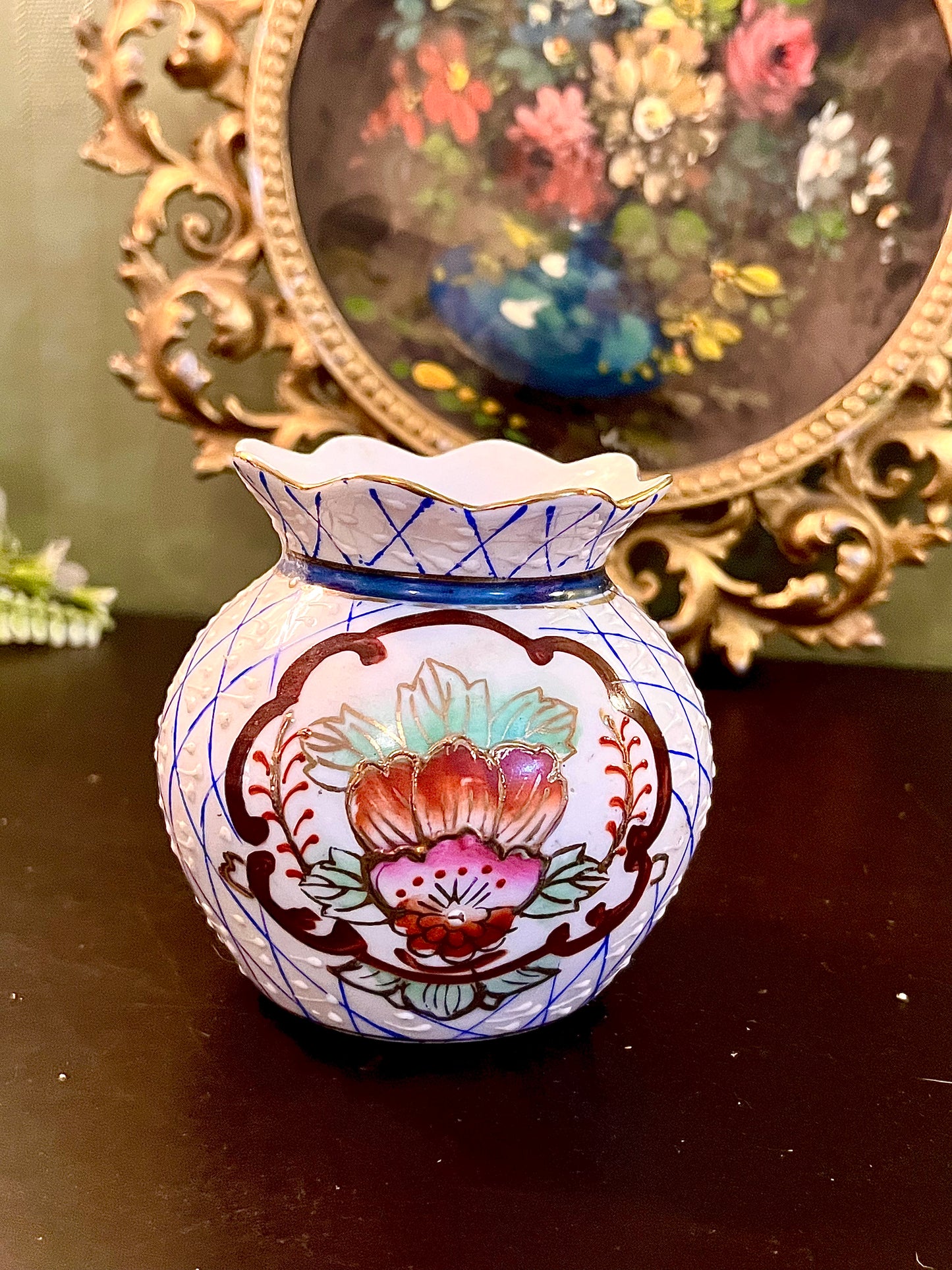 Vintage Hand-Painted Floral Ceramic Vase with Scalloped Rim 4 Inch