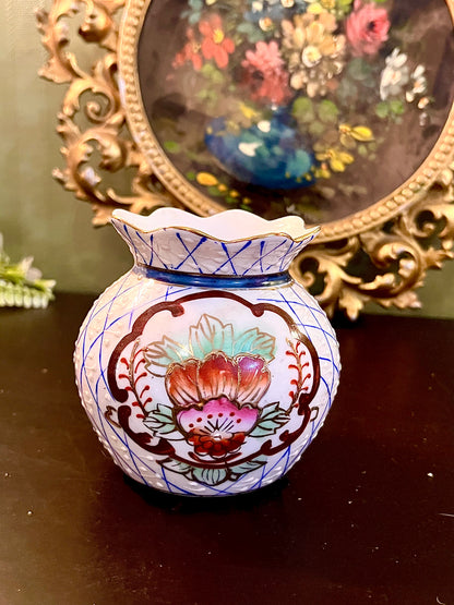Vintage Hand-Painted Floral Ceramic Vase with Scalloped Rim 4 Inch