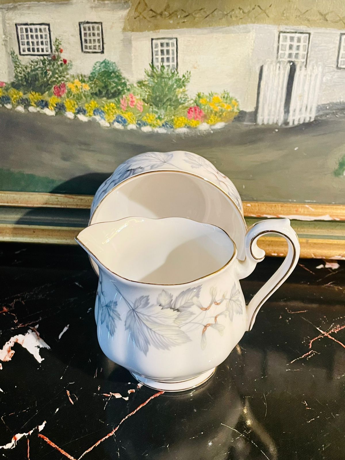 Royal Albert Vintage Fine Bone China Milk Jug & Sugar Bowl Set – Elegant Grey Leaf Floral Design with Gold Rim