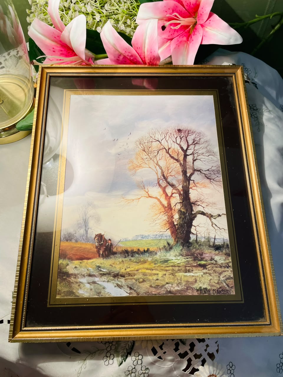 Country Landscape Framed Painting Gold-Tone Frame Approx. 38 cm