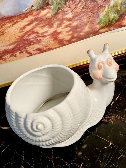 Vintage White Ceramic Snail Planter – Collectible Animal Shaped Pot (England)