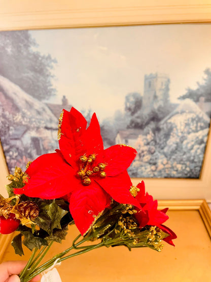 Vintage Red Poinsettia Pine Cone Floral Spray 10.5 inches
