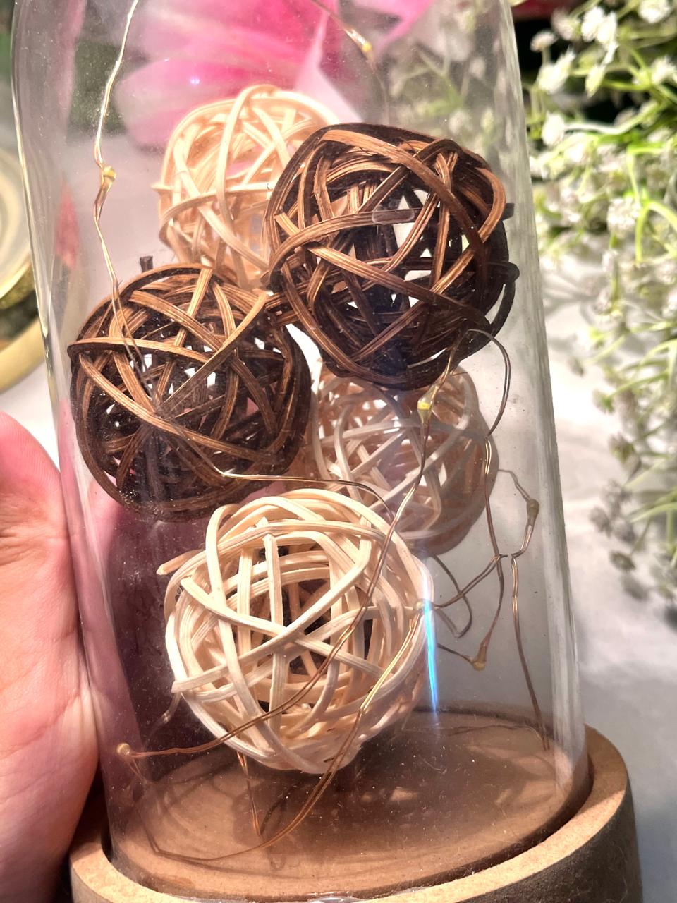 Light-Up Decorative Cloche with Fairy Lights Rattan Balls – 20 cm