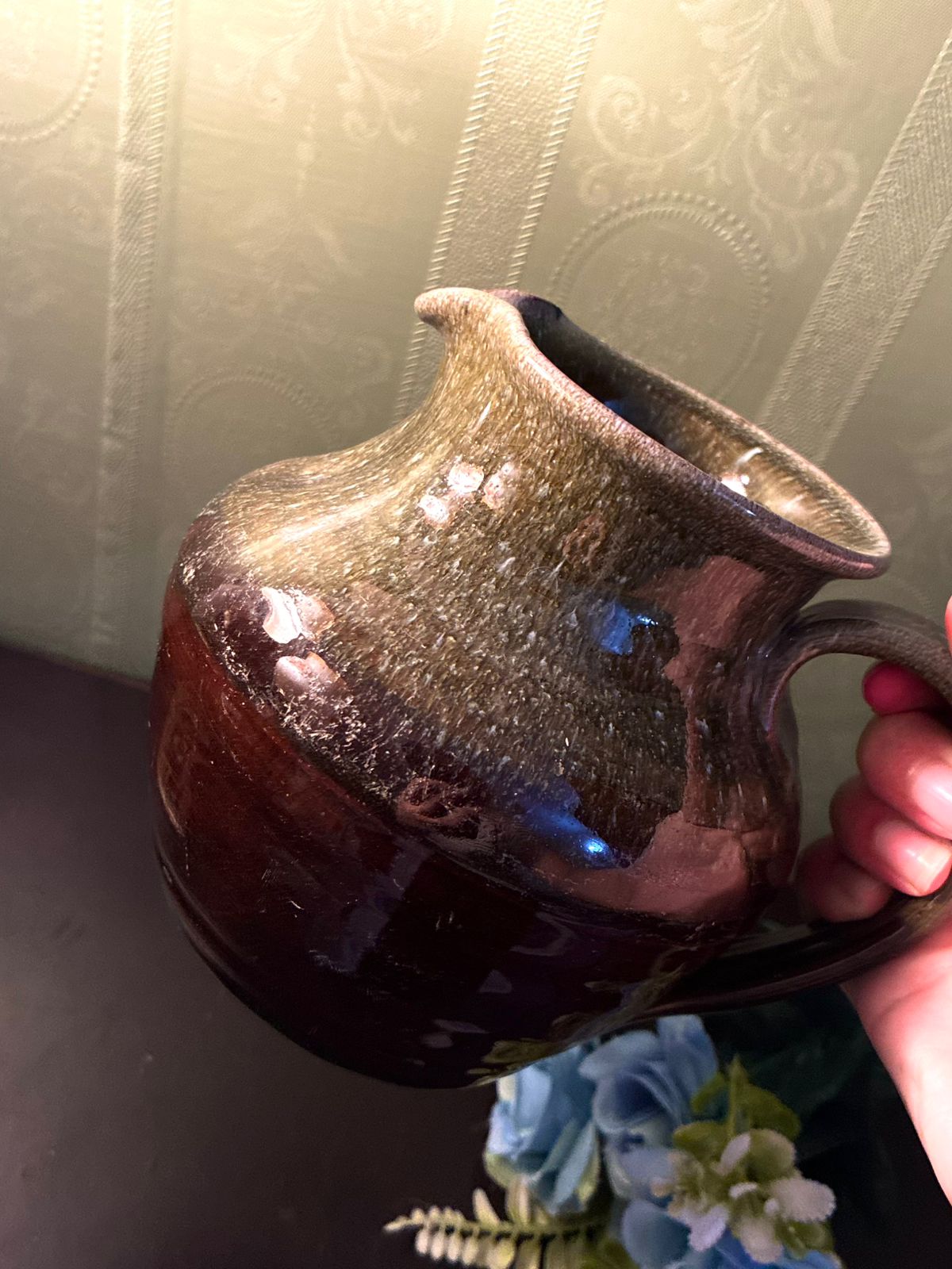 Vintage Brown and Green Pottery Jug Rustic Stoneware Pitcher