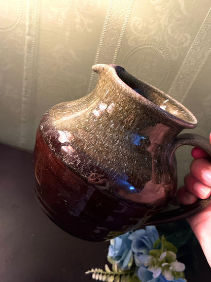 Vintage Brown and Green Pottery Jug Rustic Stoneware Pitcher