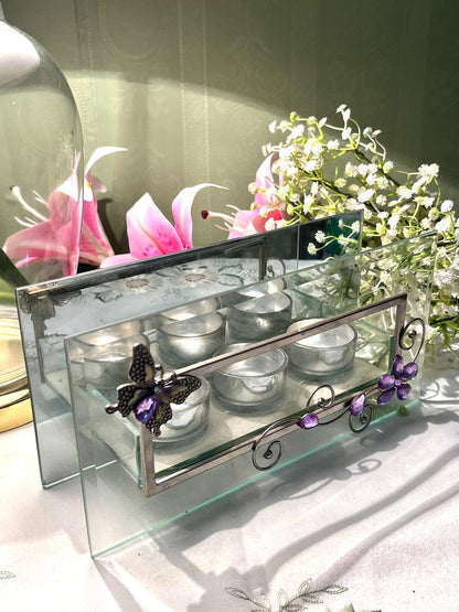 Crystal Tealight Candle Holder with Purple Butterfly – 24 cm