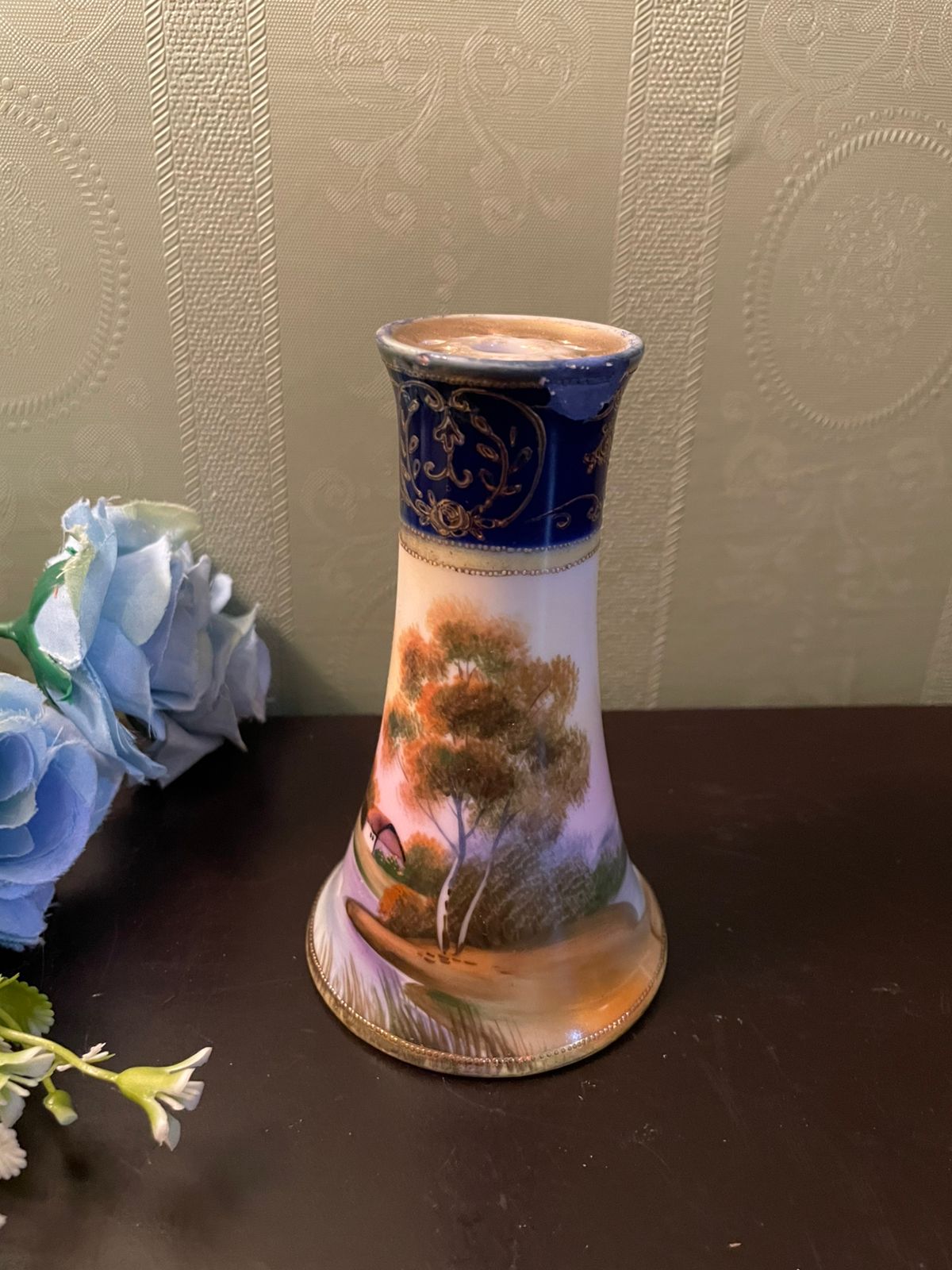 Vintage Hand-Painted Porcelain Bud Vase with Scenic Landscape