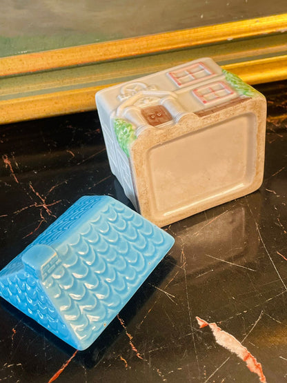 Vintage Ceramic Cottage Candle – Blue Roof House Design – England Style – 4 Inches