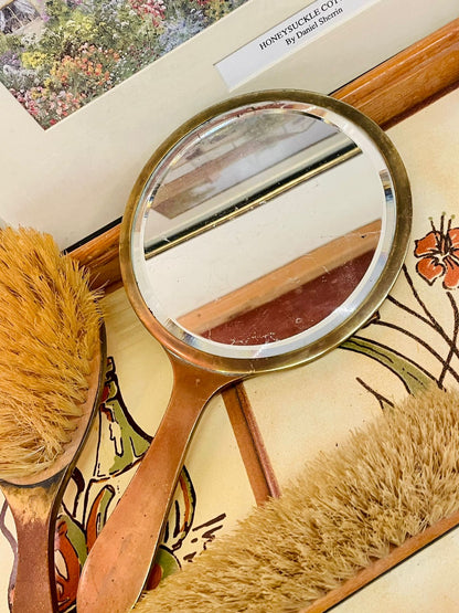 Vintage Vanity Dressing Table Set – Mirror & Two Brushes (Pink Guilloché Style Backing)