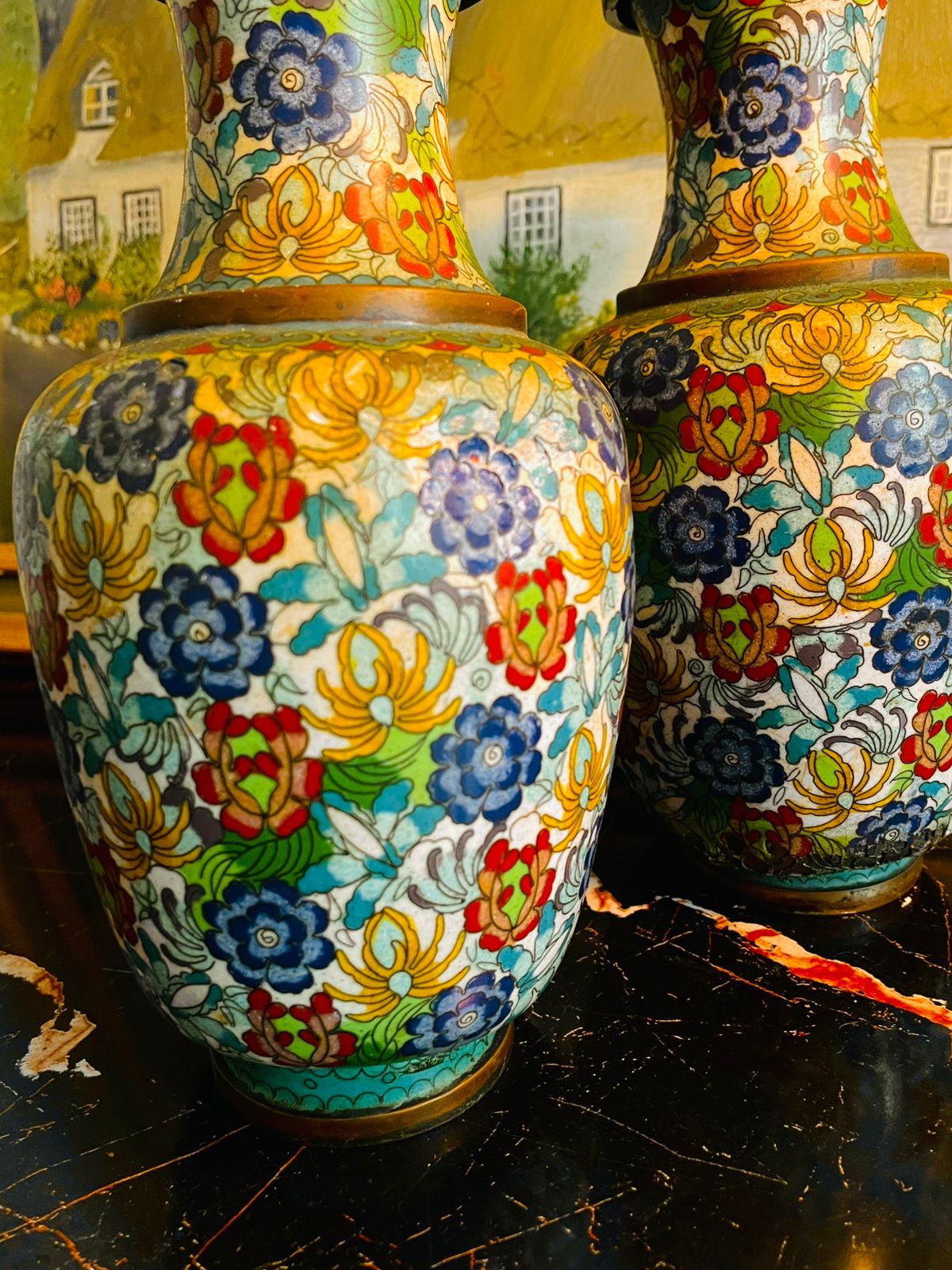 Vintage Brass Cloisonné Vases – Hand-Painted Floral Pair (20cm)