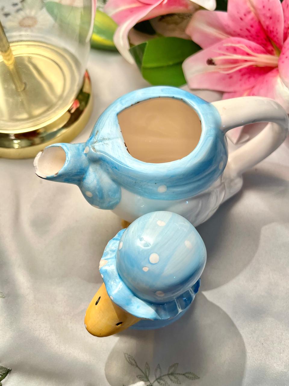 Blue & White Duck-Shaped Ceramic Teapot with Lid Only Decor  – 7 Inches