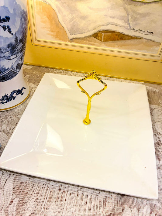 Elegant Square Cake Stand – Porcelain with Gold Handle