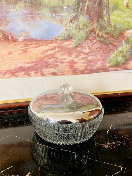 vintage cut glass bowl, silver lid candy dish, antique vanity jar Pakistan, decorative glass bowl with lid, rare thrift finds, European vintage drop, collectible glassware, heritage European treasures, timeless vintage home décor, silver plated glass dish