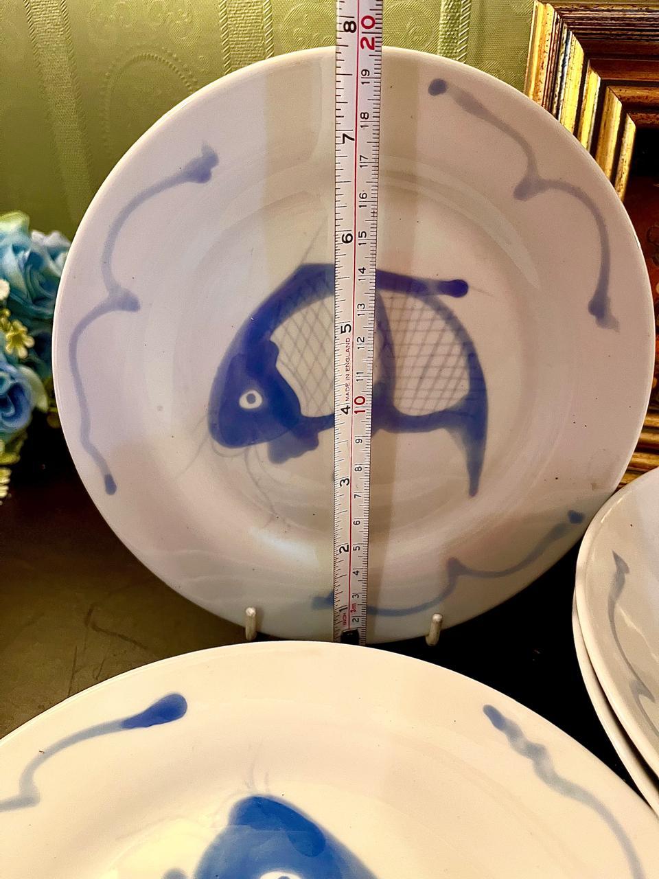 Vintage Blue Fish Porcelain , 4 medium plates ,2Pasta Bowl Set – 6 Pieces
