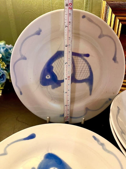 Vintage Blue Fish Porcelain , 4 medium plates ,2Pasta Bowl Set – 6 Pieces