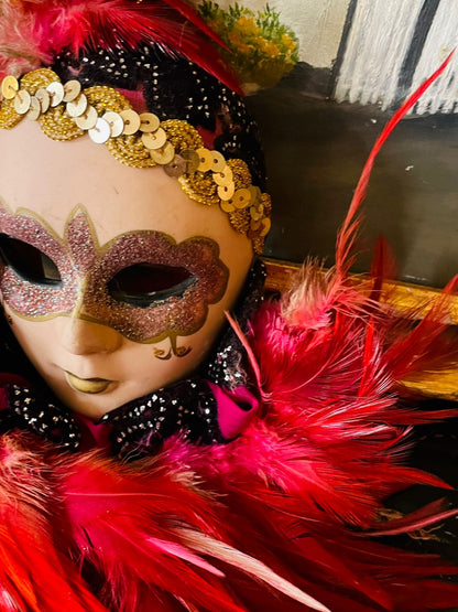 Venetian Wall Hanging Masquerade Mask – Pink & Red Feathers – Handmade Decorative Art