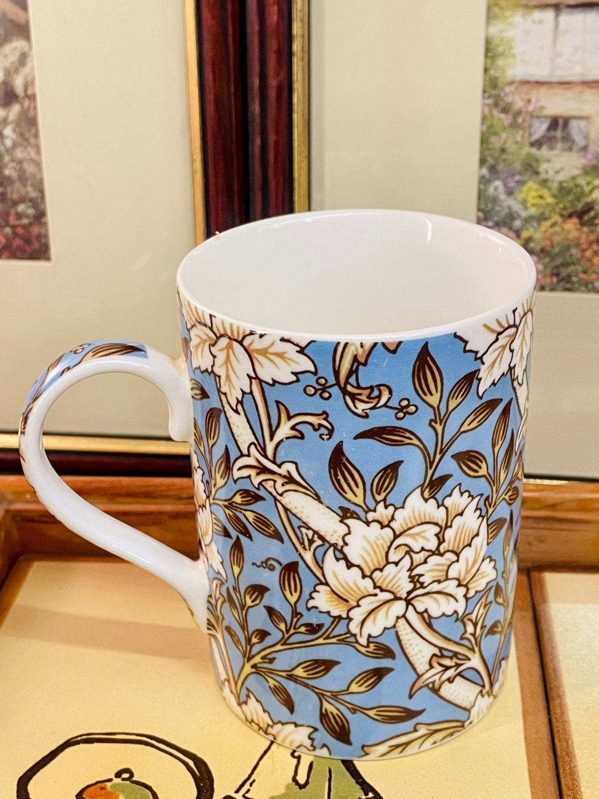 blue floral mug, fine china mug, vintage floral mug, botanical mug, cottagecore mug, microwave safe mug, dishwasher safe mug, English style mug, ceramic mug, floral drinkware