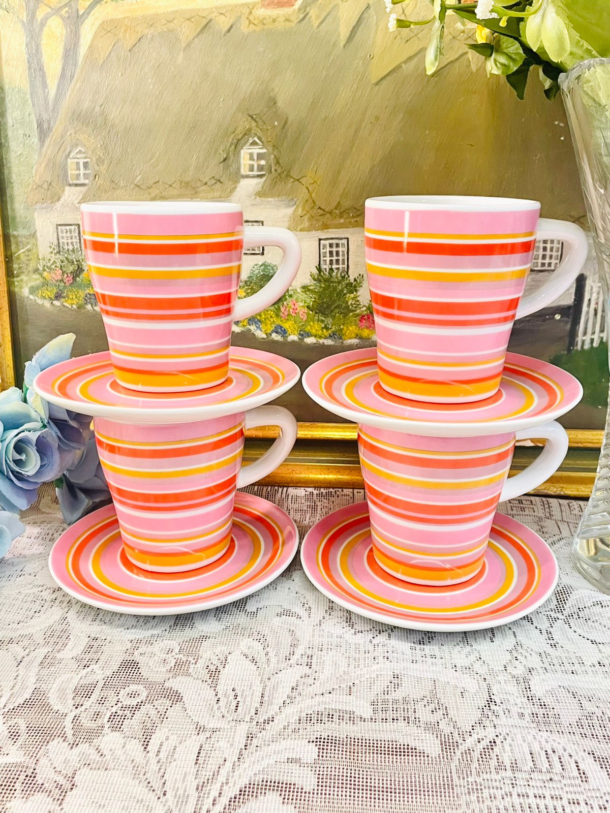 Vintage Pink Stripe Mugs & Saucers Set of 4