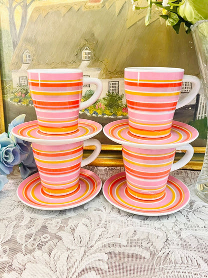 Vintage Pink Stripe Mugs & Saucers Set of 4
