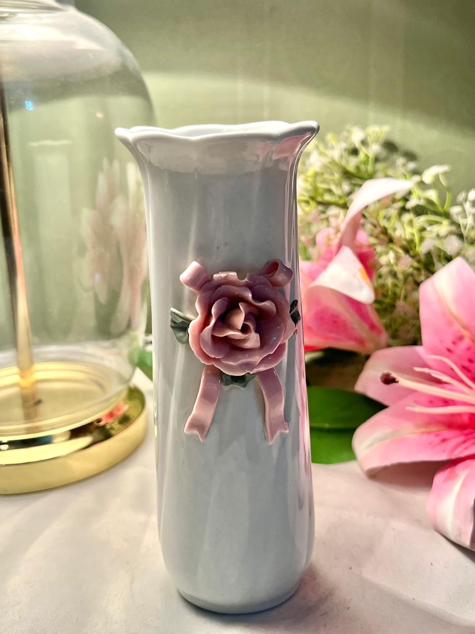 White Ceramic Rose Vase with Pink Floral Appliqué – 7 Inch