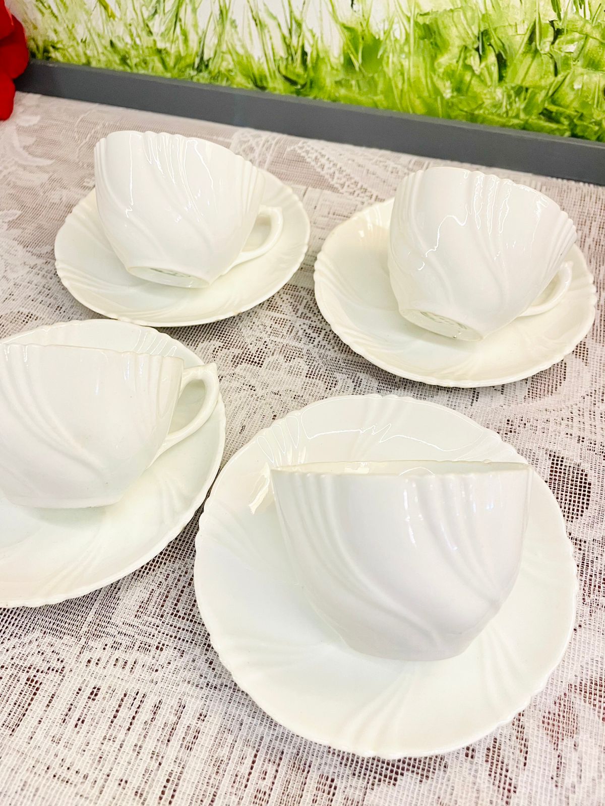 Vintage White Porcelain Teacup & Saucer Set of 4 Cups