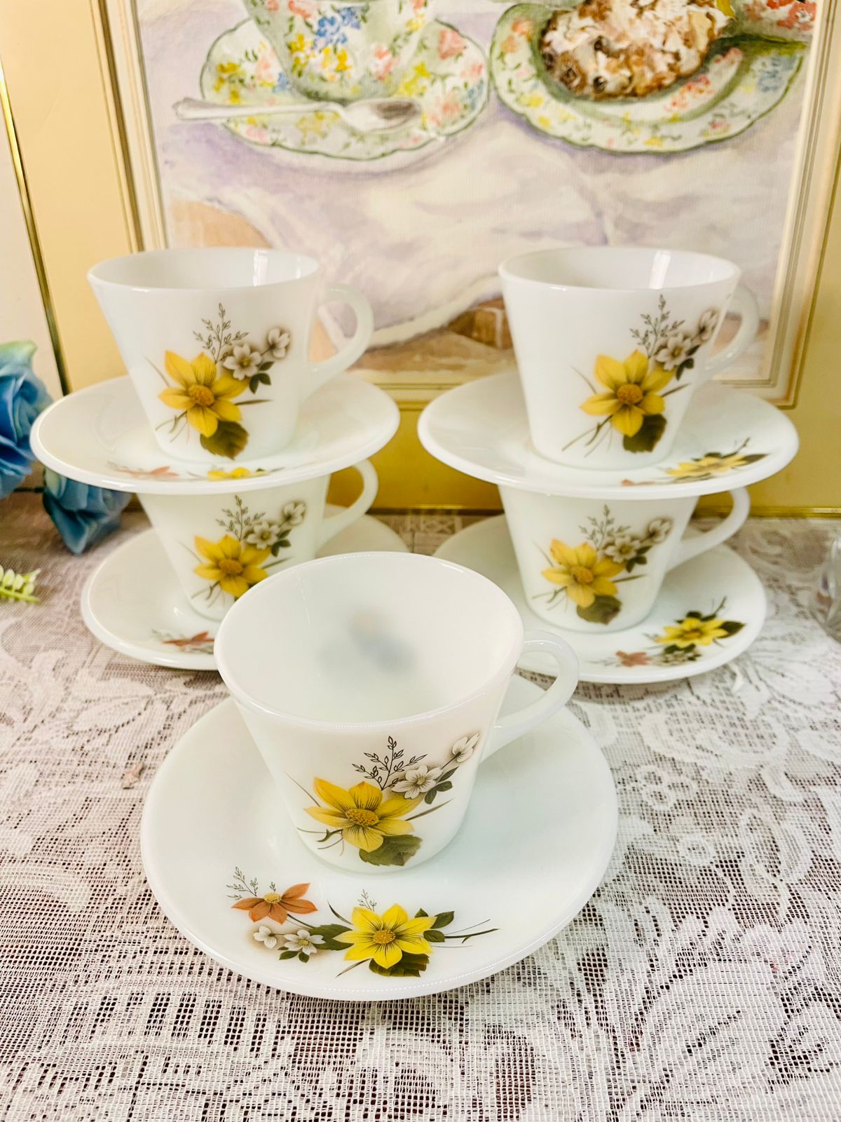 Vintage Pyrex England Yellow Floral Tea Set – Cups, Saucers & Plates