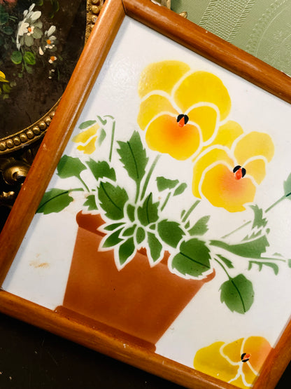 Vintage Framed Ceramic Tile Yellow Floral Wall Art 12 Inch