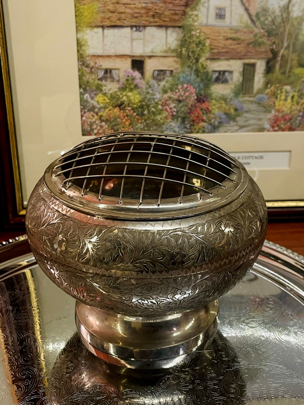 silver bowl, flower arranger, vintage vase, engraved metal bowl, floral frog vase, antique décor, centrepiece bowl, silver floral vase, vintage home décor, collectible bowl