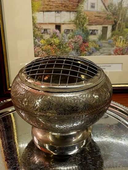 silver bowl, flower arranger, vintage vase, engraved metal bowl, floral frog vase, antique décor, centrepiece bowl, silver floral vase, vintage home décor, collectible bowl