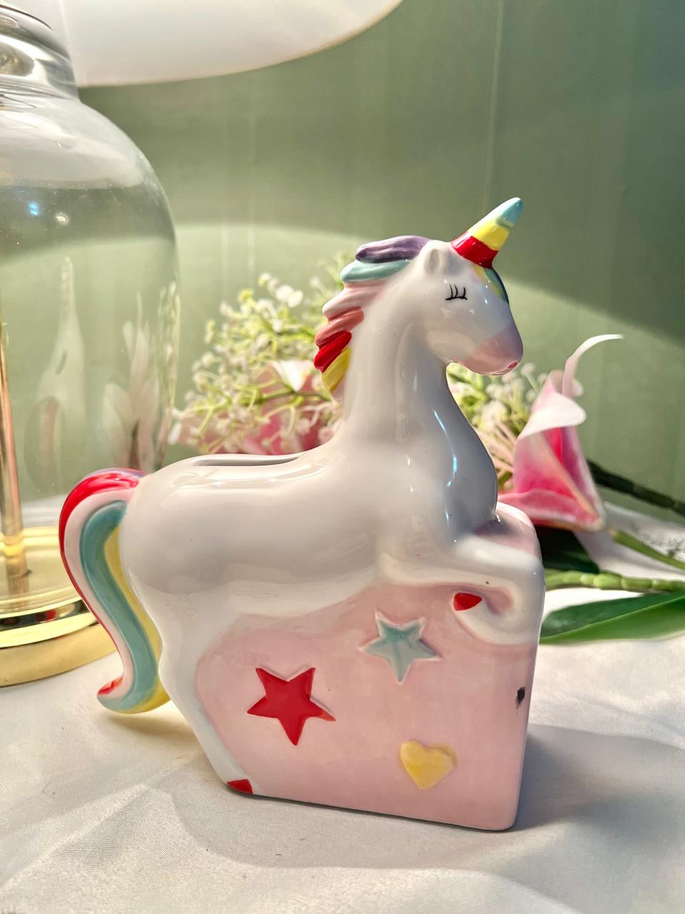 White Unicorn Ceramic Coin Bank Pastel Rainbow 15cm - 1 Piece