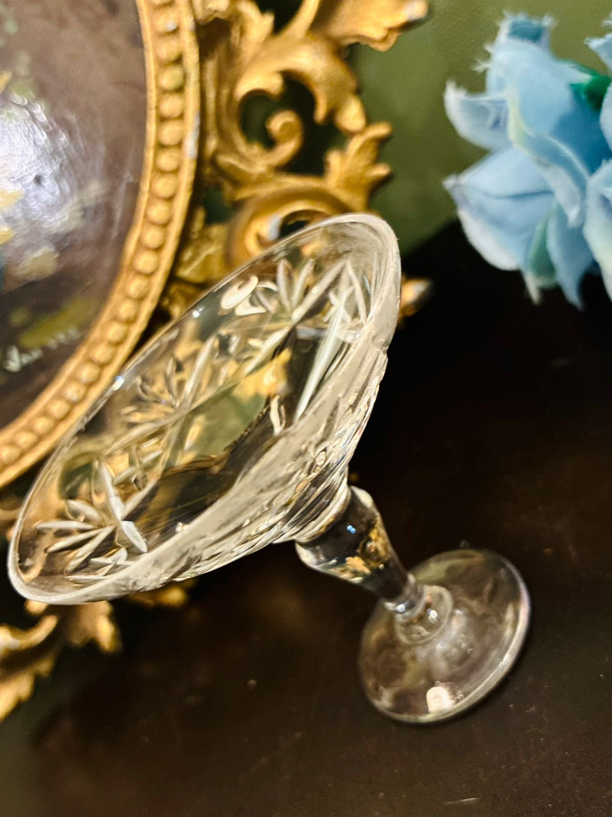 Vintage Clear Etched Crystal Coupe Dessert Bowl