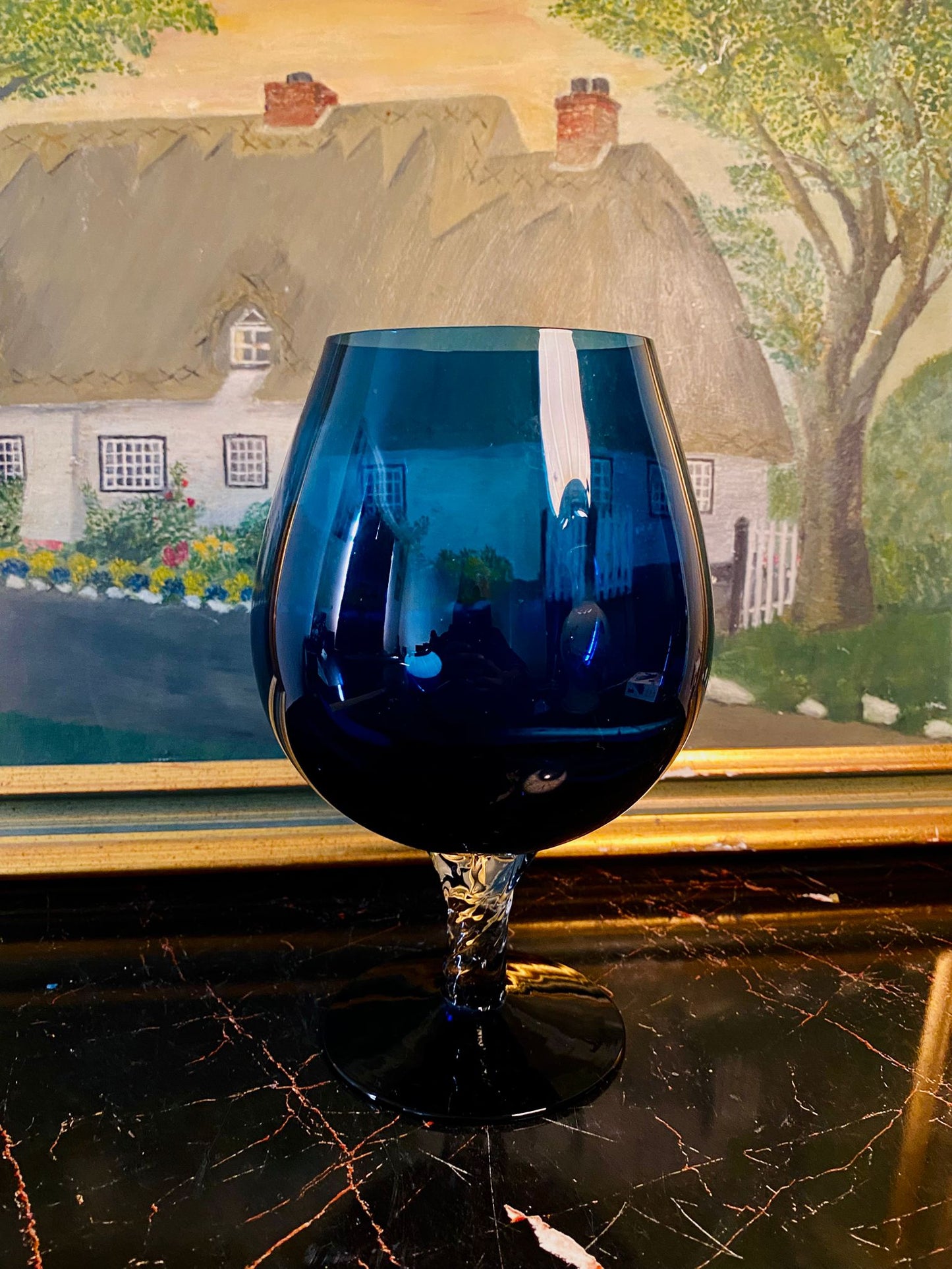 Vintage Deep Blue Glass Brandy Snifter Vase – Twisted Stem Goblet Style – 8 Inches Tall