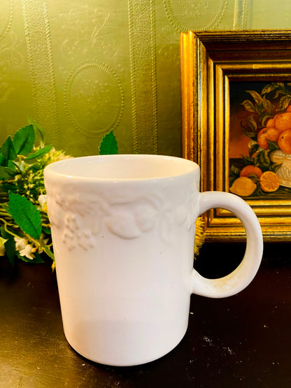 White Embossed Floral Ceramic Mug 5 Inch Cottage-Style Cup