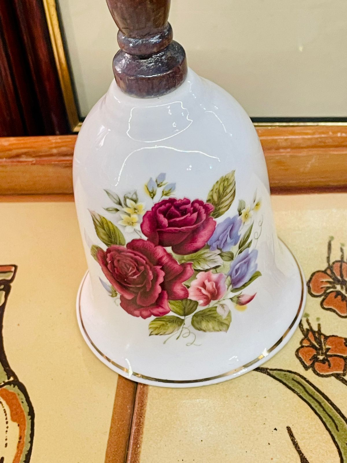 Vintage Floral China Bell with Wooden Handle – Rose Pattern
