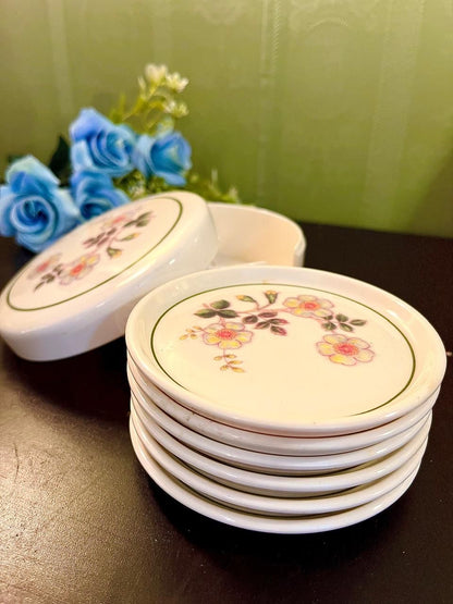 Vintage Floral Coaster Set with Holder 5 Inch