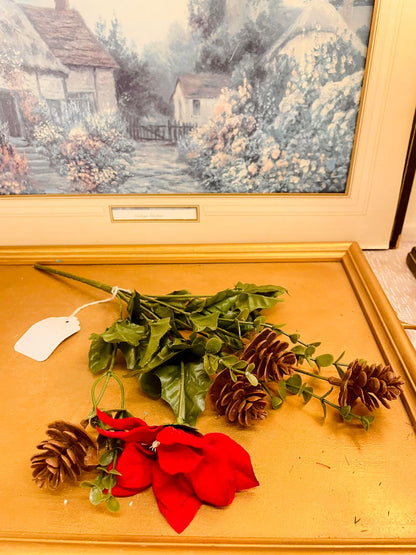 Vintage Red Poinsettia Pine Cone Floral Spray 14"