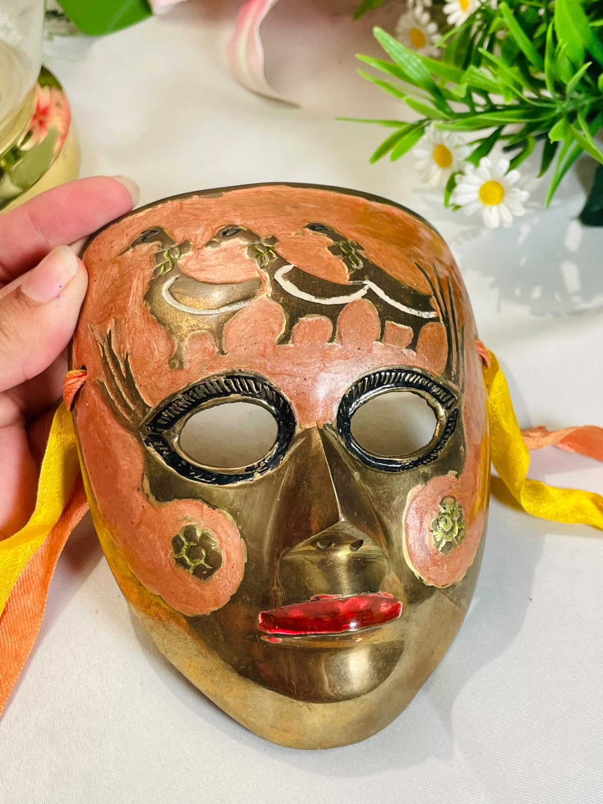 Brass -Tone Decorative Face Mask with Floral Details – 15 cm