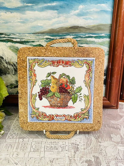 Portuguese Fruit Basket Tile Cork Trivet Decor 9 inch