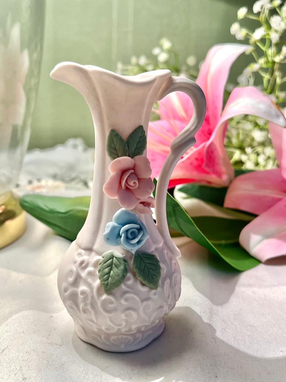 White Ceramic Floral Rose Jug Vase – 5 Inches