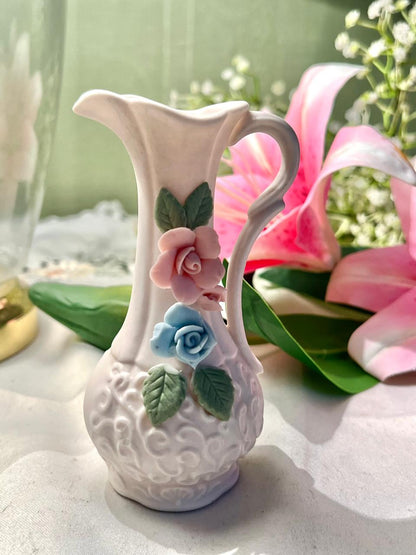 White Ceramic Floral Rose Jug Vase – 5 Inches