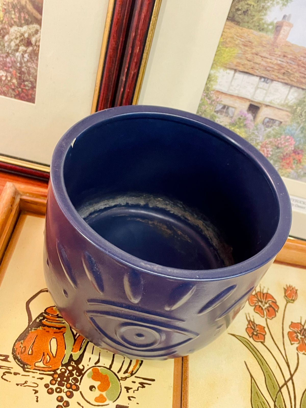 Navy Blue Ceramic Planter Pot with Embossed Eye Motif – Medium Size