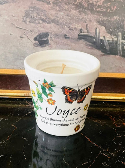 Joyce candle pot, vintage stoneware England, History and Heraldry collectible, English name mug, vintage floral candle holder, English pottery Pakistan, vintage home décor, Sunset Kitchen finds, rare thrift England, collectible ceramics Pakistan, European vintage stoneware